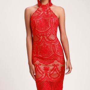Lulus Red Lace Halter Midi Dress